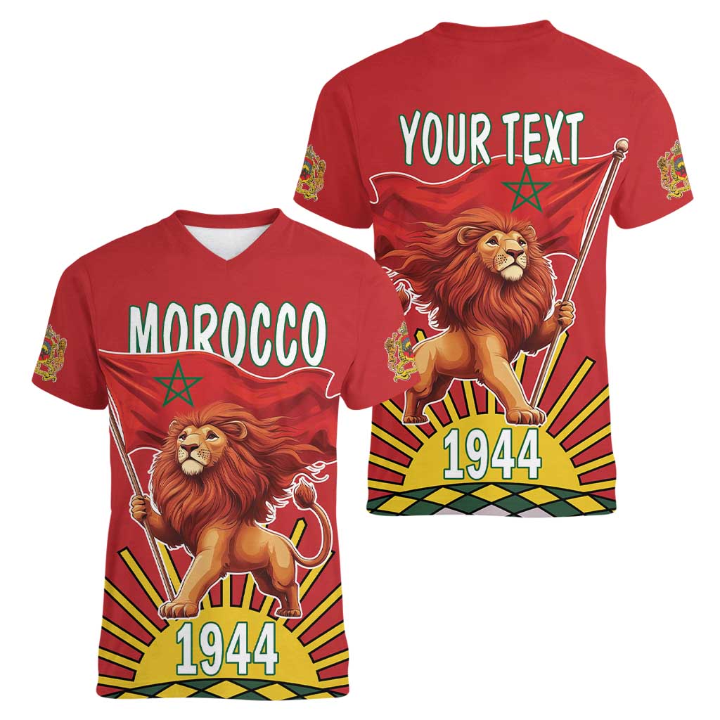 Personalized Morocco Proclamation Day 1944 Women V-Neck T-Shirt Barbary Lion With Flag - Wonder Print Shop