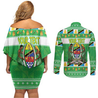 Personalized Tanzania Christmas Couples Matching Off Shoulder Short Dress and Long Sleeve Button Shirt Uhuru na Umoja Heri ya Krismasi - Wonder Print Shop