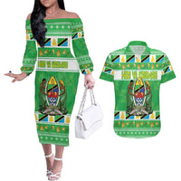 Personalized Tanzania Christmas Couples Matching Off The Shoulder Long Sleeve Dress and Hawaiian Shirt Uhuru na Umoja Heri ya Krismasi - Wonder Print Shop