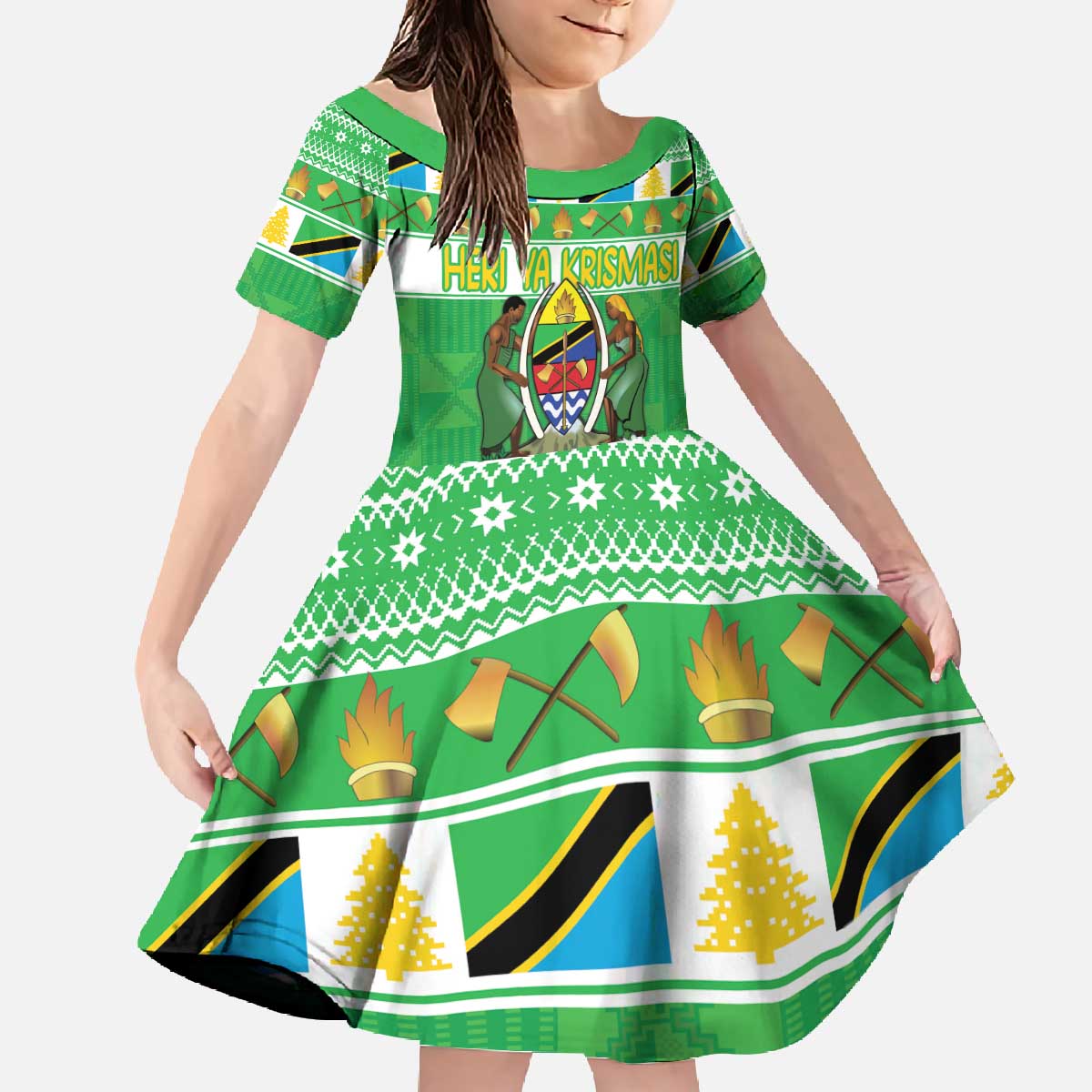 Personalized Tanzania Christmas Family Matching Off The Shoulder Long Sleeve Dress and Hawaiian Shirt Uhuru na Umoja Heri ya Krismasi - Wonder Print Shop