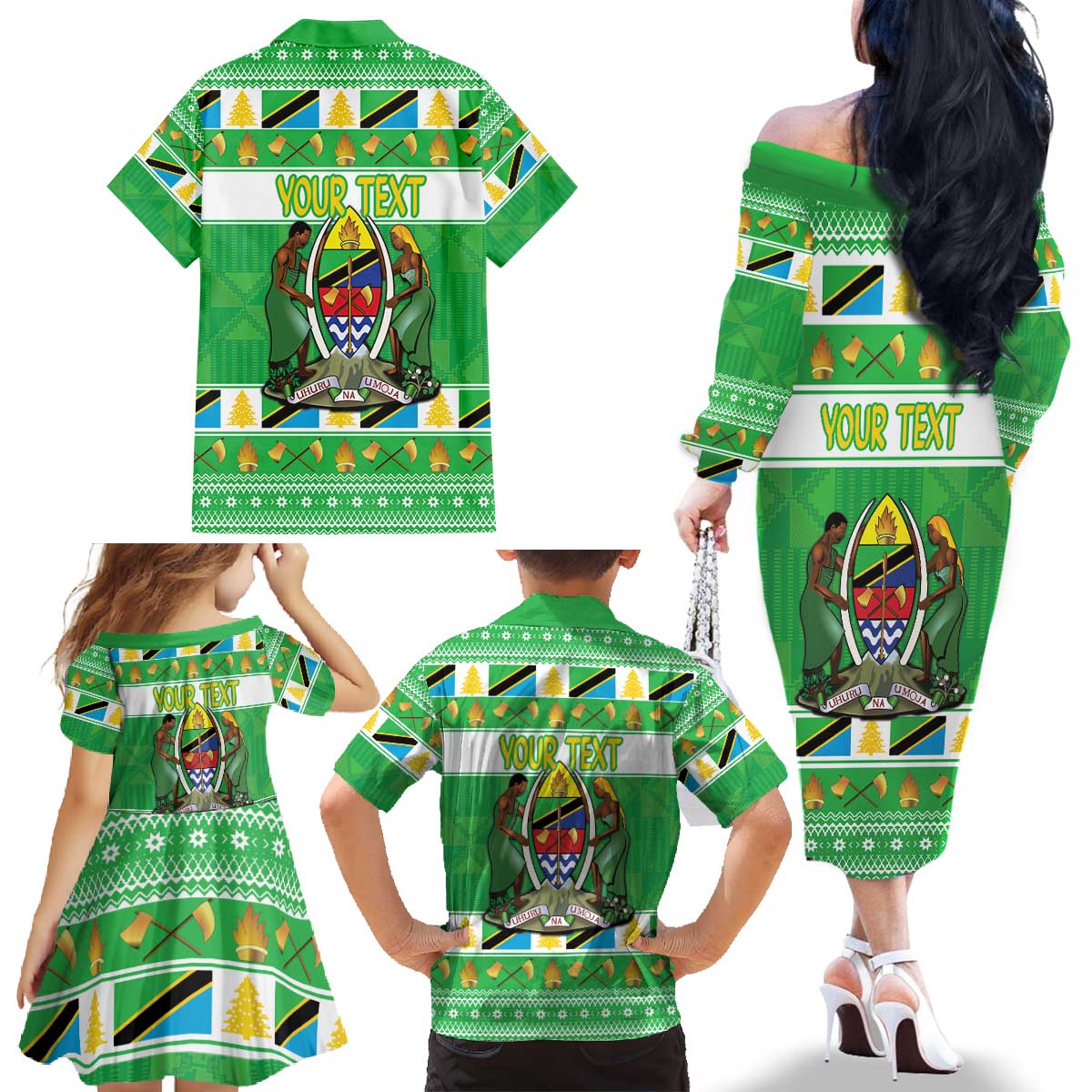 Personalized Tanzania Christmas Family Matching Off The Shoulder Long Sleeve Dress and Hawaiian Shirt Uhuru na Umoja Heri ya Krismasi - Wonder Print Shop