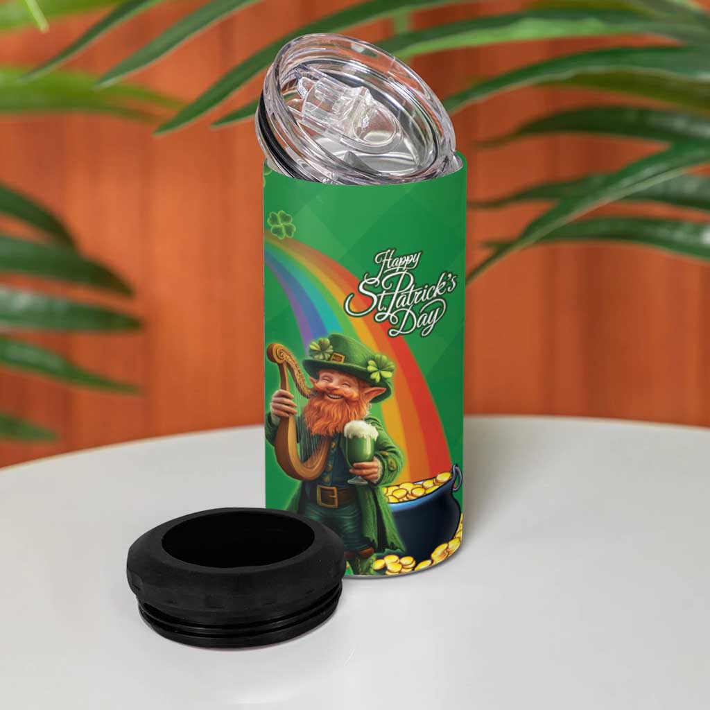 Happy Saint Patrick's Day 4 in 1 Can Cooler Tumbler Cheerful Leprechaun Irish Harp