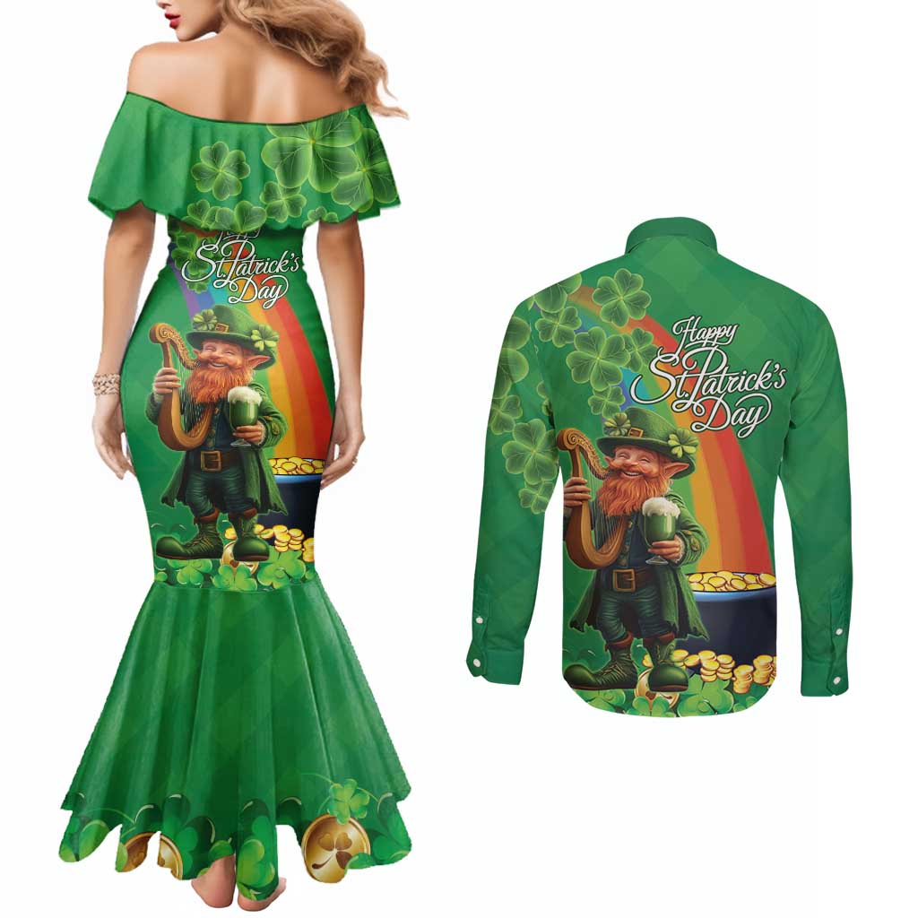 Happy Saint Patrick's Day Couples Matching Mermaid Dress and Long Sleeve Button Shirt Cheerful Leprechaun Irish Harp