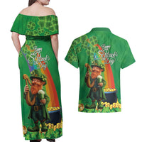 Happy Saint Patrick's Day Couples Matching Off Shoulder Maxi Dress and Hawaiian Shirt Cheerful Leprechaun Irish Harp