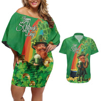 Happy Saint Patrick's Day Couples Matching Off Shoulder Short Dress and Hawaiian Shirt Cheerful Leprechaun Irish Harp