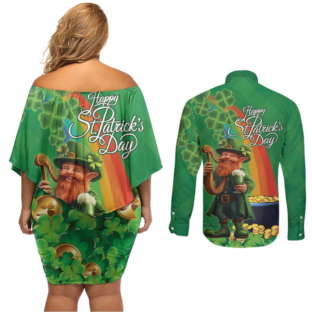 Happy Saint Patrick's Day Couples Matching Off Shoulder Short Dress and Long Sleeve Button Shirt Cheerful Leprechaun Irish Harp
