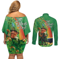 Happy Saint Patrick's Day Couples Matching Off Shoulder Short Dress and Long Sleeve Button Shirt Cheerful Leprechaun Irish Harp