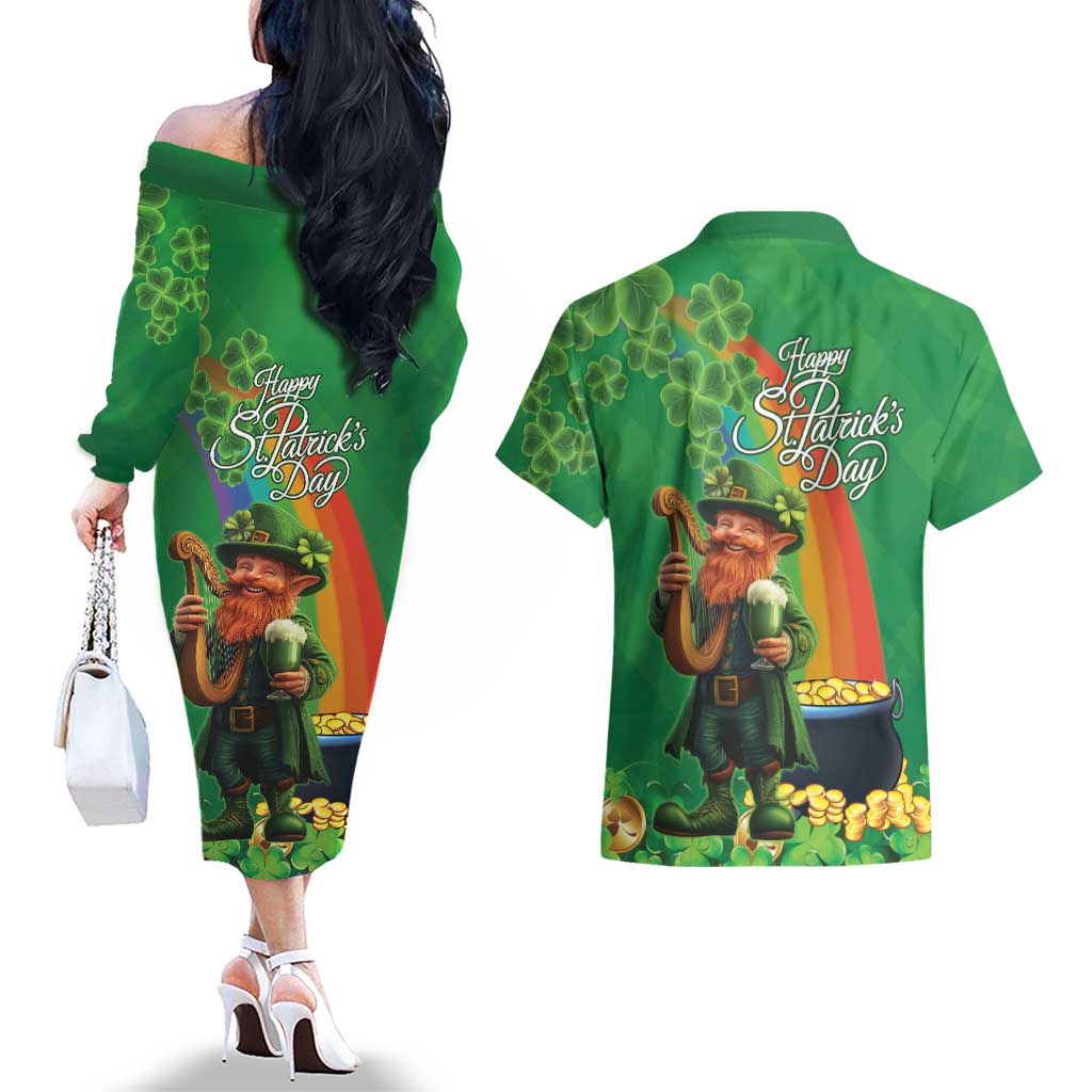 Happy Saint Patrick's Day Couples Matching Off The Shoulder Long Sleeve Dress and Hawaiian Shirt Cheerful Leprechaun Irish Harp