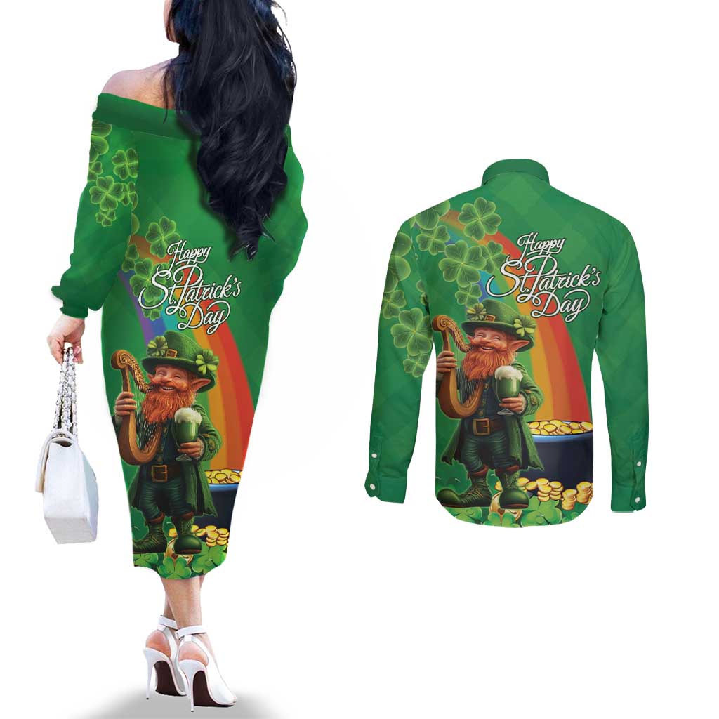 Happy Saint Patrick's Day Couples Matching Off The Shoulder Long Sleeve Dress and Long Sleeve Button Shirt Cheerful Leprechaun Irish Harp