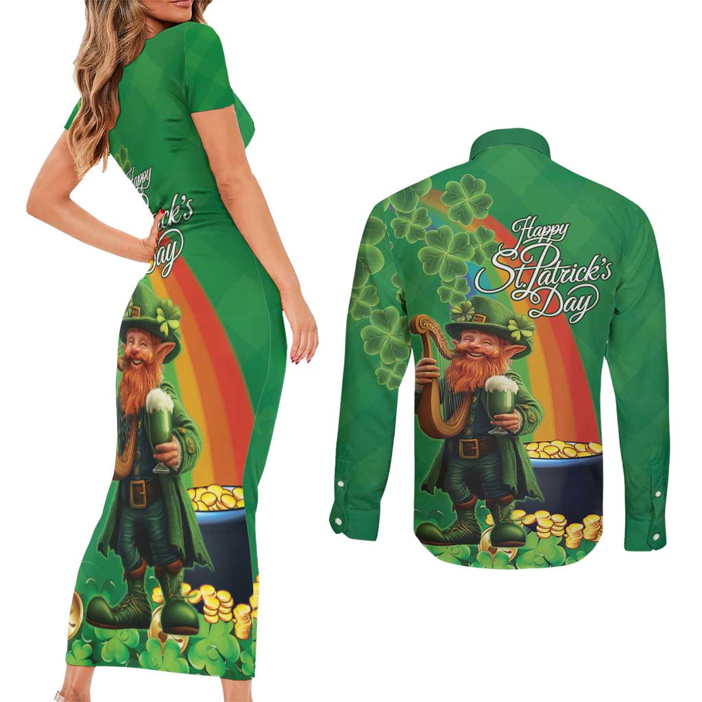 Happy Saint Patrick's Day Couples Matching Short Sleeve Bodycon Dress and Long Sleeve Button Shirt Cheerful Leprechaun Irish Harp