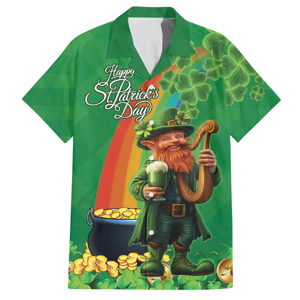Happy Saint Patrick's Day Family Matching Long Sleeve Bodycon Dress and Hawaiian Shirt Cheerful Leprechaun Irish Harp