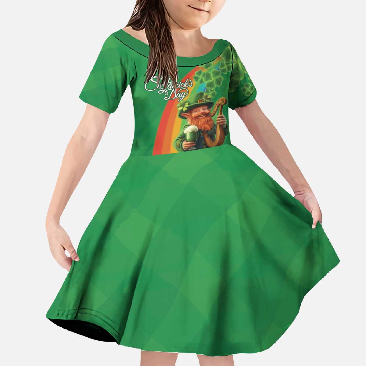 Happy Saint Patrick's Day Family Matching Off The Shoulder Long Sleeve Dress and Hawaiian Shirt Cheerful Leprechaun Irish Harp