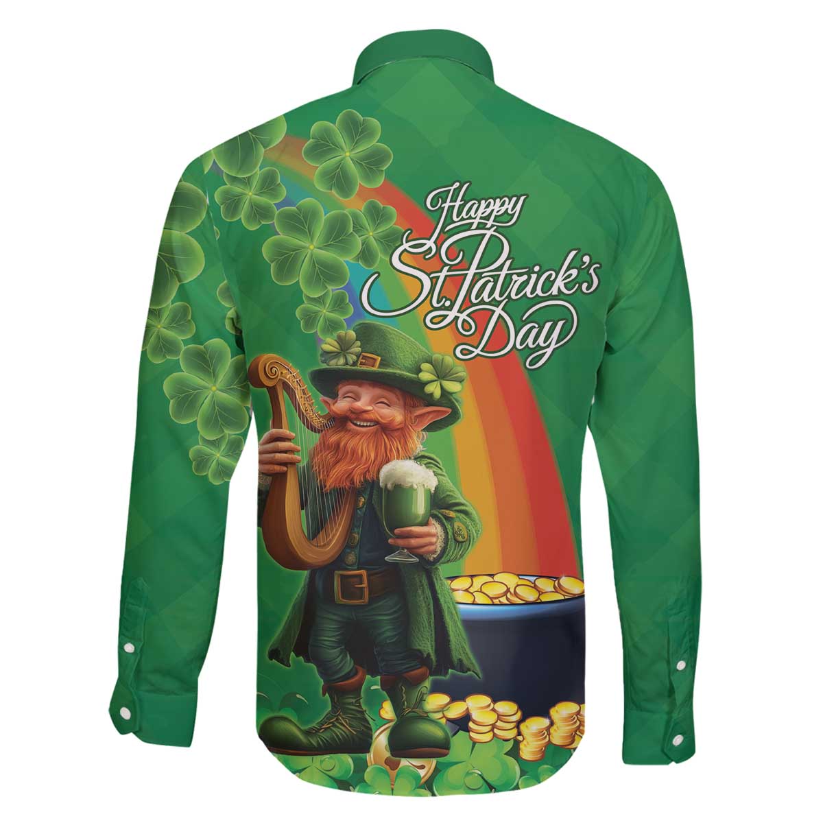 Happy Saint Patrick's Day Family Matching Off The Shoulder Long Sleeve Dress and Hawaiian Shirt Cheerful Leprechaun Irish Harp