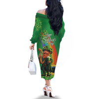 Happy Saint Patrick's Day Family Matching Off The Shoulder Long Sleeve Dress and Hawaiian Shirt Cheerful Leprechaun Irish Harp
