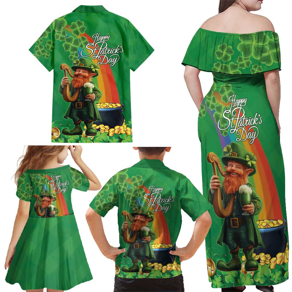 Happy Saint Patrick's Day Family Matching Off Shoulder Maxi Dress and Hawaiian Shirt Cheerful Leprechaun Irish Harp