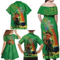 Happy Saint Patrick's Day Family Matching Off Shoulder Maxi Dress and Hawaiian Shirt Cheerful Leprechaun Irish Harp