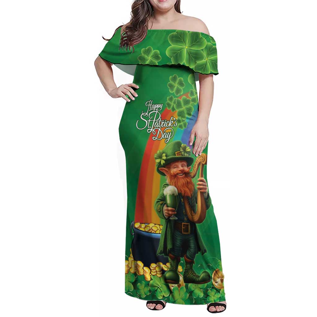 Happy Saint Patrick's Day Family Matching Off Shoulder Maxi Dress and Hawaiian Shirt Cheerful Leprechaun Irish Harp