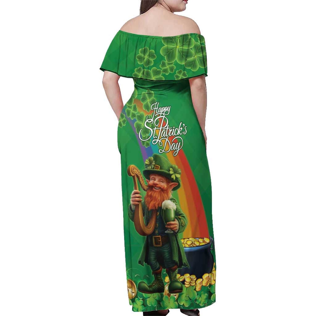 Happy Saint Patrick's Day Family Matching Off Shoulder Maxi Dress and Hawaiian Shirt Cheerful Leprechaun Irish Harp