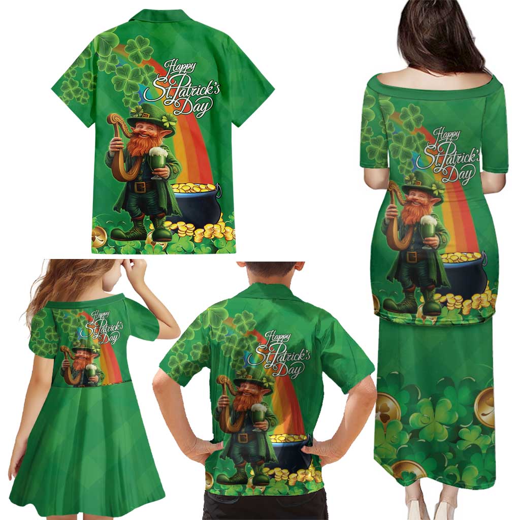 Happy Saint Patrick's Day Family Matching Puletasi and Hawaiian Shirt Cheerful Leprechaun Irish Harp