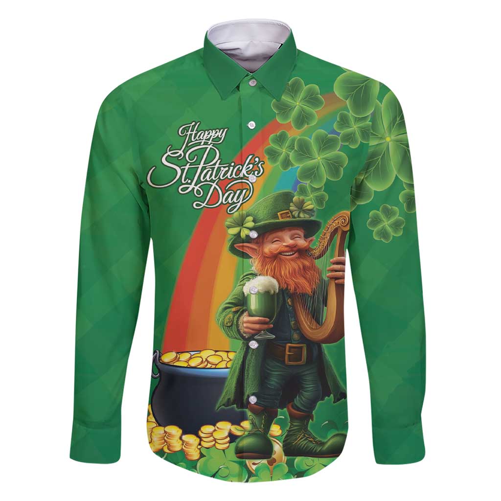 Happy Saint Patrick's Day Family Matching Short Sleeve Bodycon Dress and Hawaiian Shirt Cheerful Leprechaun Irish Harp