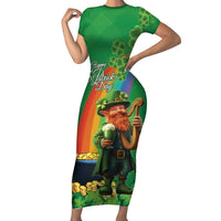 Happy Saint Patrick's Day Family Matching Short Sleeve Bodycon Dress and Hawaiian Shirt Cheerful Leprechaun Irish Harp