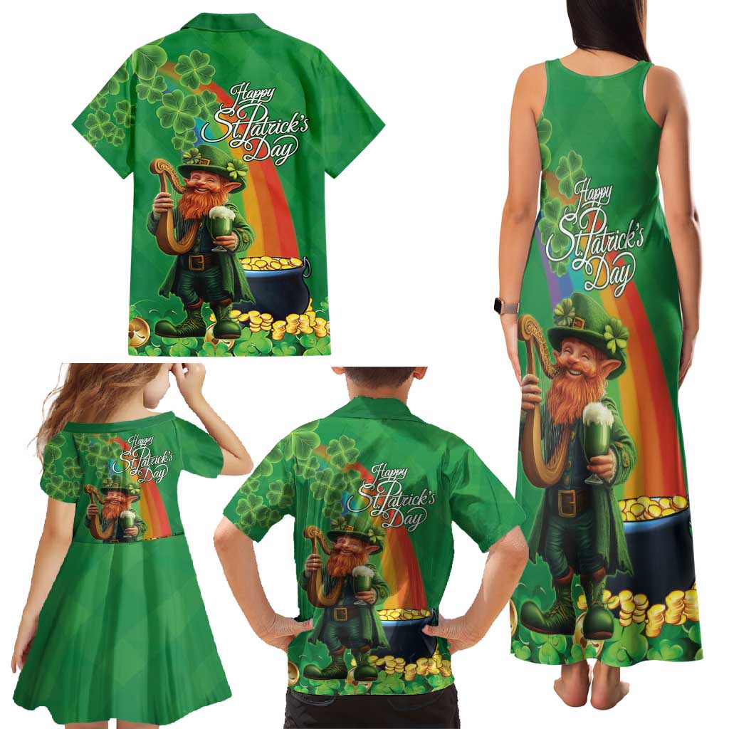 Happy Saint Patrick's Day Family Matching Tank Maxi Dress and Hawaiian Shirt Cheerful Leprechaun Irish Harp