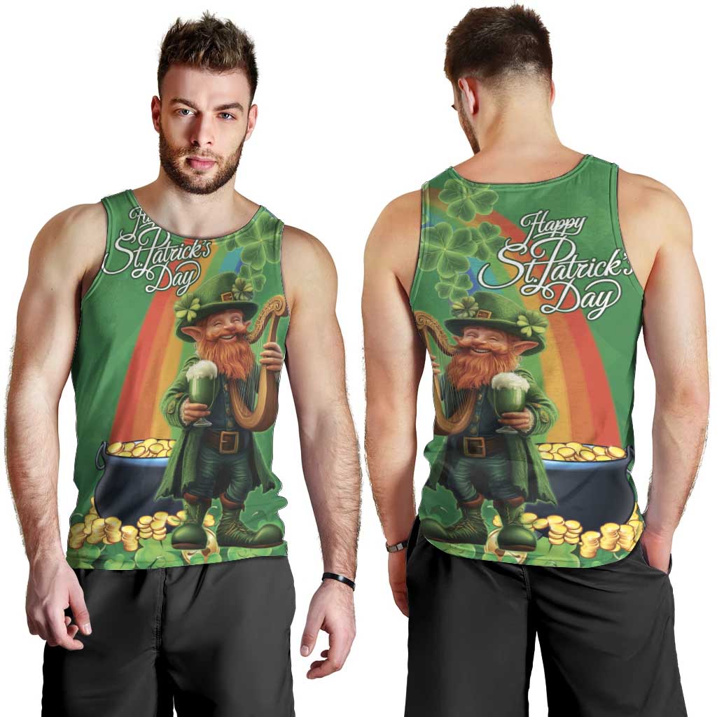 Happy Saint Patrick's Day Men Tank Top Cheerful Leprechaun Irish Harp