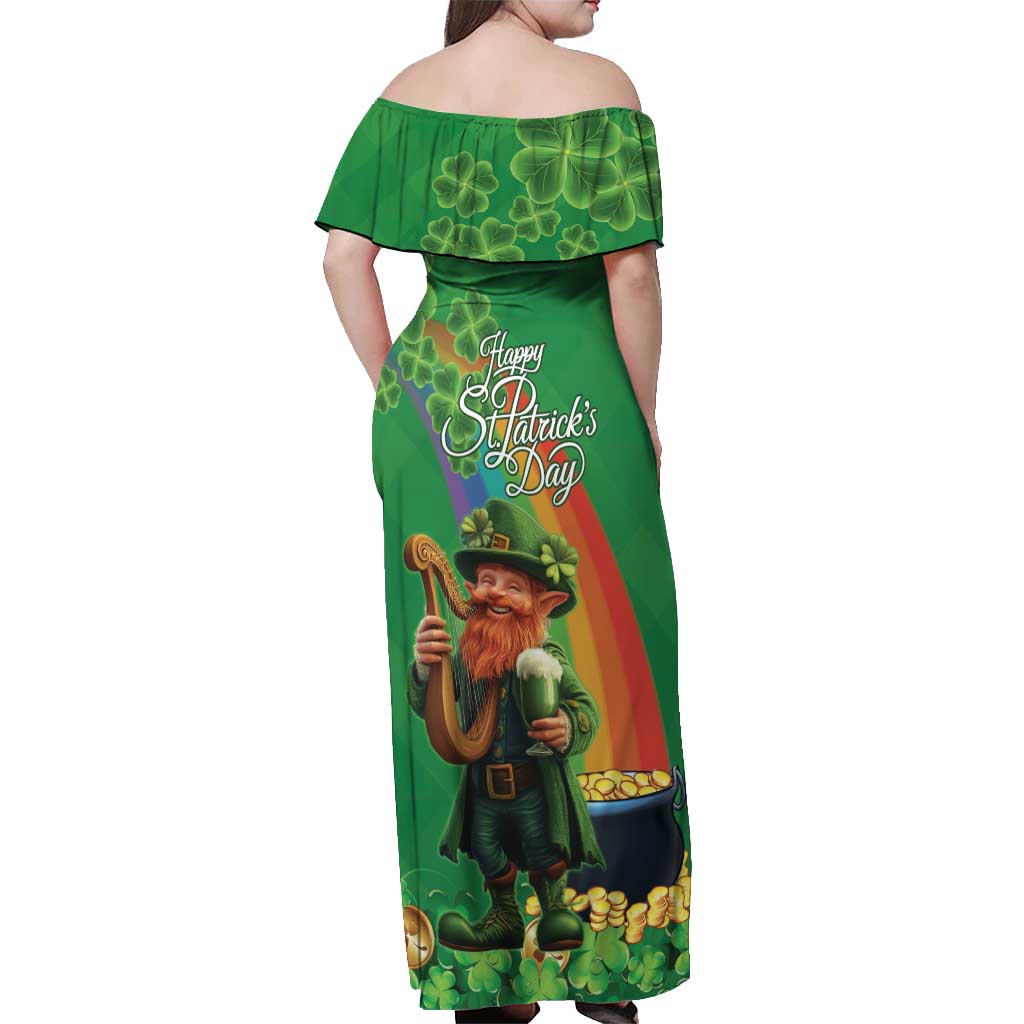 Happy Saint Patrick's Day Off Shoulder Maxi Dress Cheerful Leprechaun Irish Harp