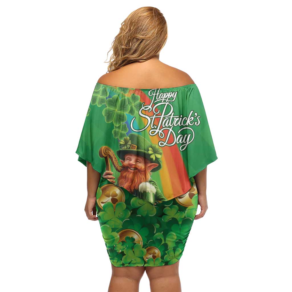 Happy Saint Patrick's Day Off Shoulder Short Dress Cheerful Leprechaun Irish Harp