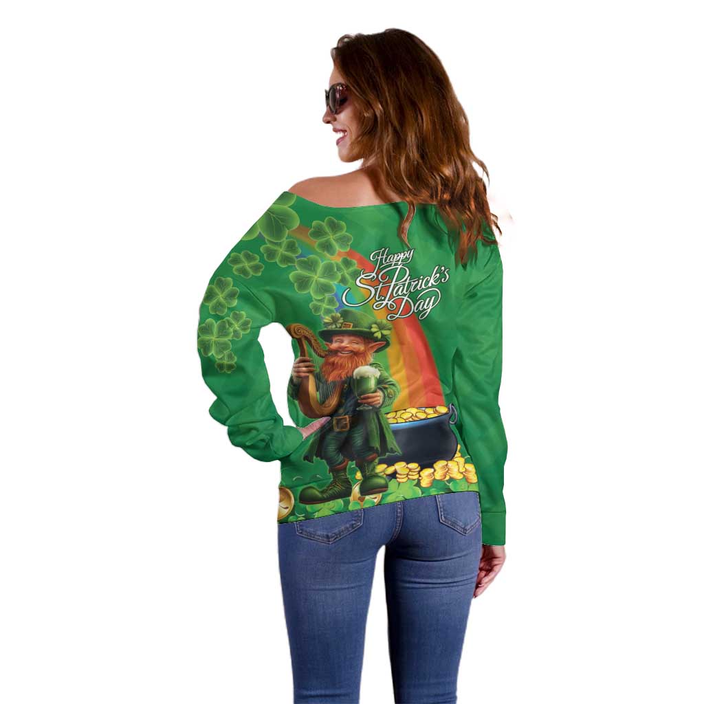 Happy Saint Patrick's Day Off Shoulder Sweater Cheerful Leprechaun Irish Harp