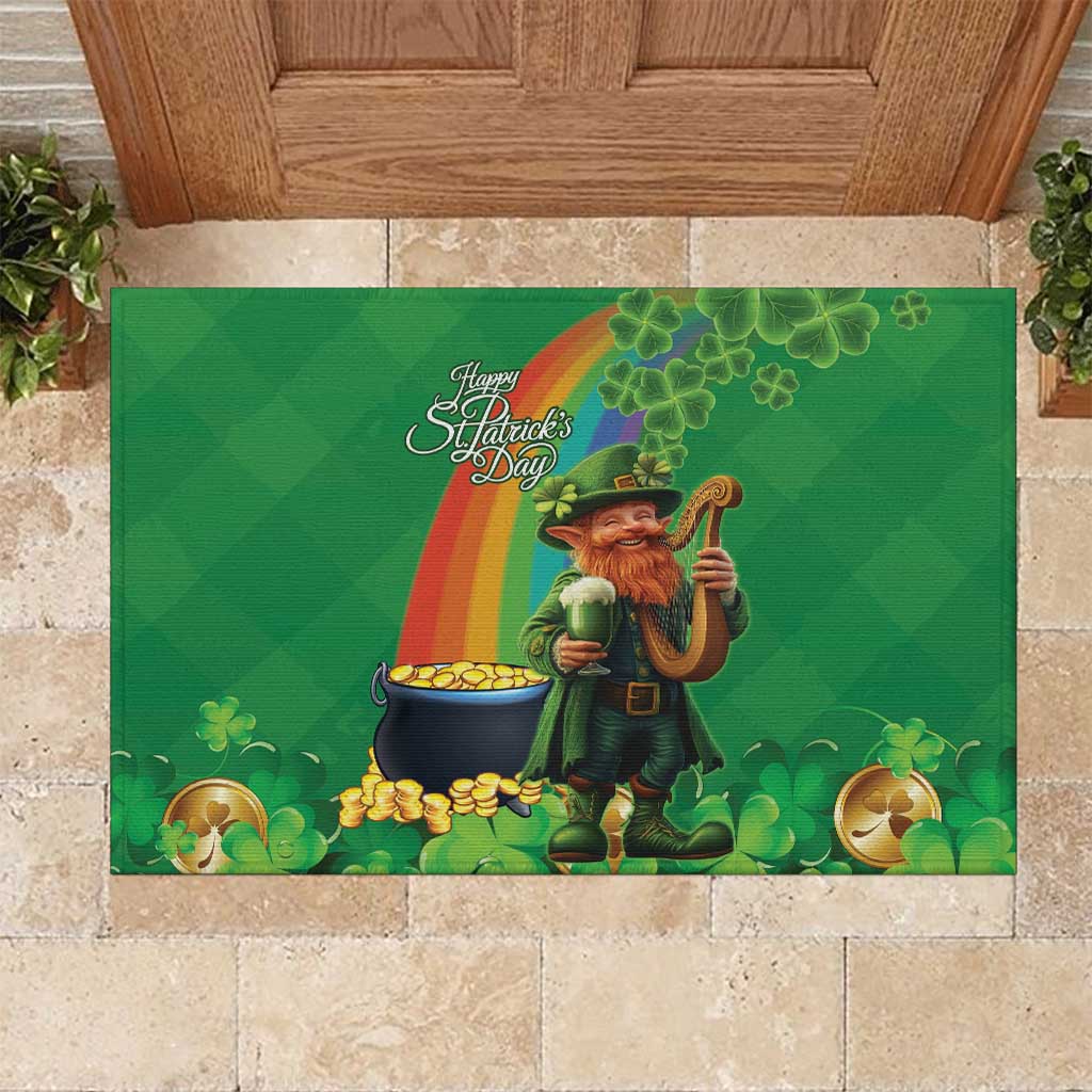 Happy Saint Patrick's Day Rubber Doormat Cheerful Leprechaun Irish Harp