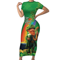 Happy Saint Patrick's Day Short Sleeve Bodycon Dress Cheerful Leprechaun Irish Harp