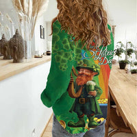 Happy Saint Patrick's Day Women Casual Shirt Cheerful Leprechaun Irish Harp
