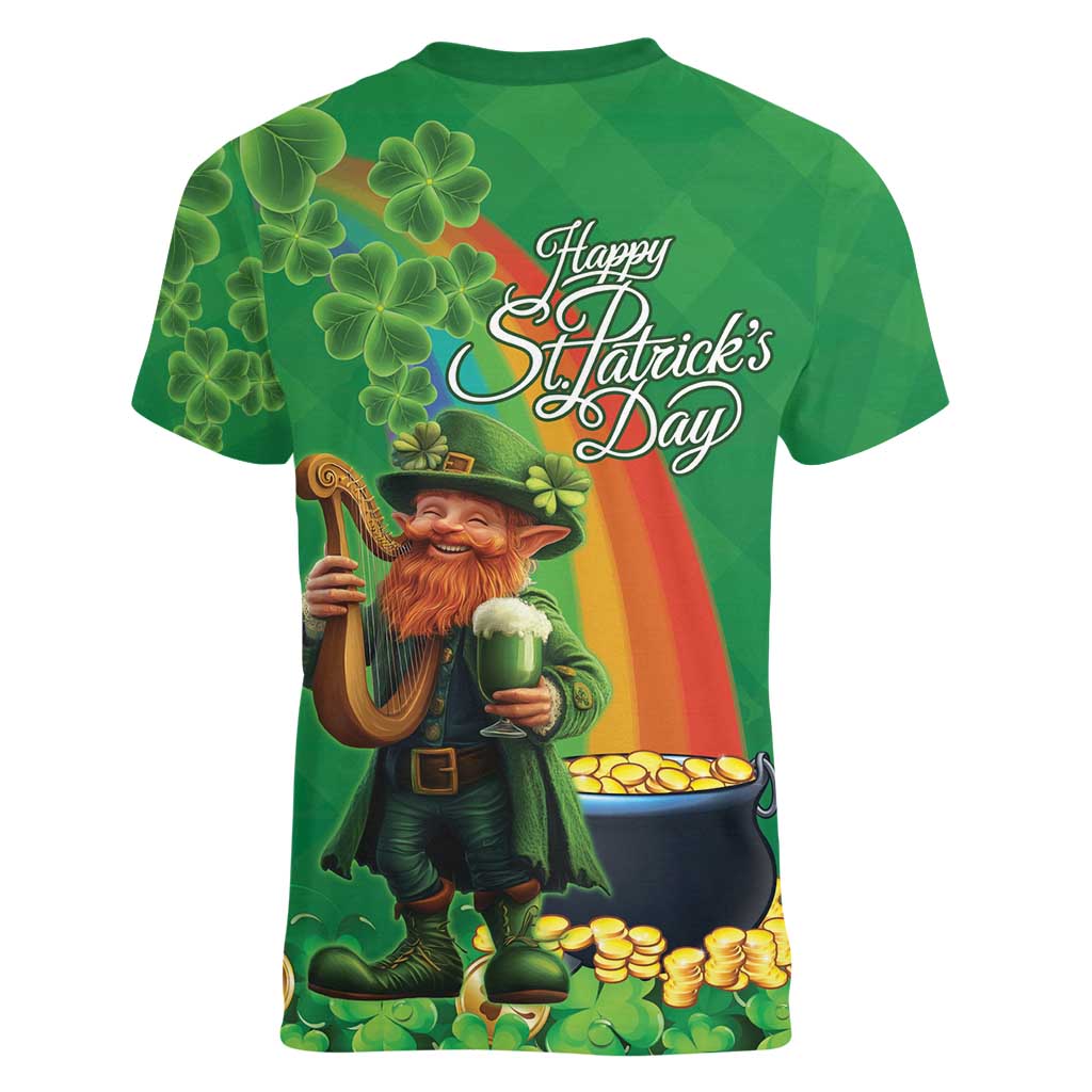 Happy Saint Patrick's Day Women V-Neck T-Shirt Cheerful Leprechaun Irish Harp