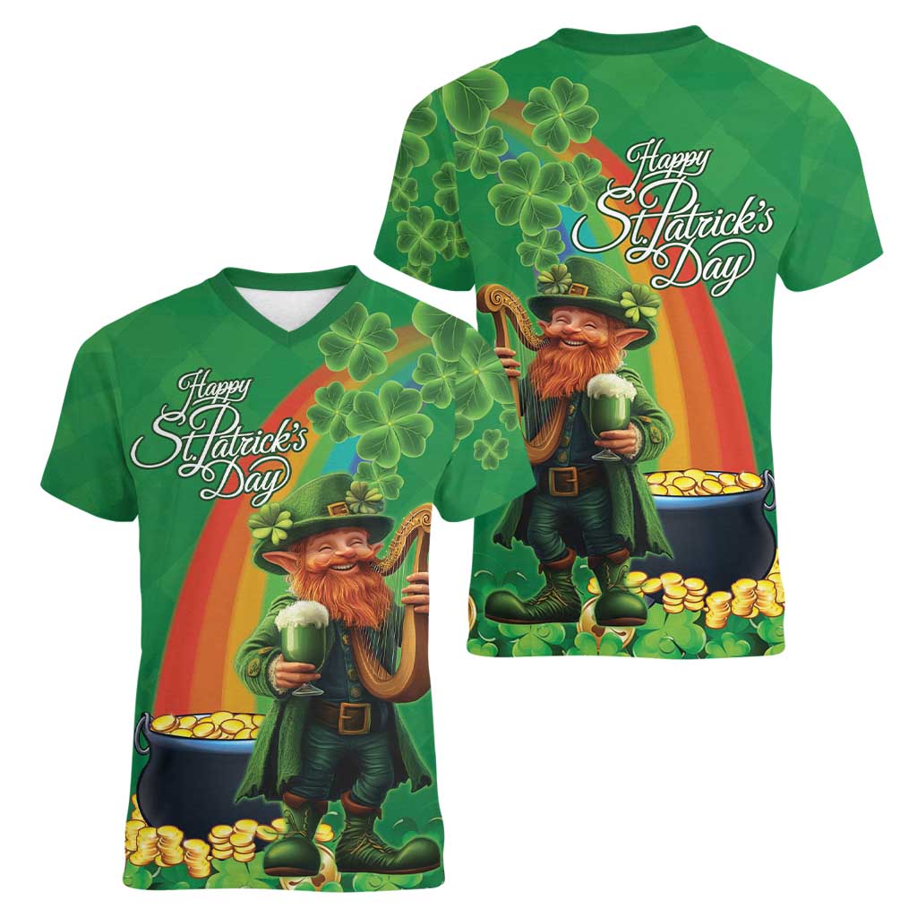 Happy Saint Patrick's Day Women V-Neck T-Shirt Cheerful Leprechaun Irish Harp
