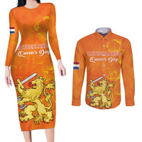 Personalized Netherlands Queen's Day Couples Matching Long Sleeve Bodycon Dress and Long Sleeve Button Shirt Koninginnedag Royal Crown