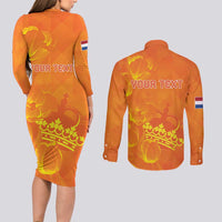 Personalized Netherlands Queen's Day Couples Matching Long Sleeve Bodycon Dress and Long Sleeve Button Shirt Koninginnedag Royal Crown