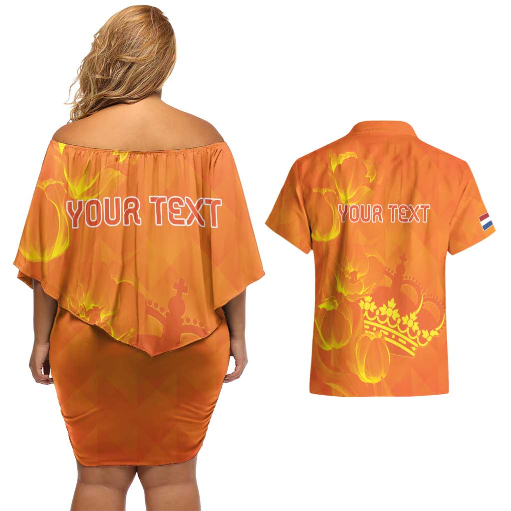 Personalized Netherlands Queen's Day Couples Matching Off Shoulder Short Dress and Hawaiian Shirt Koninginnedag Royal Crown