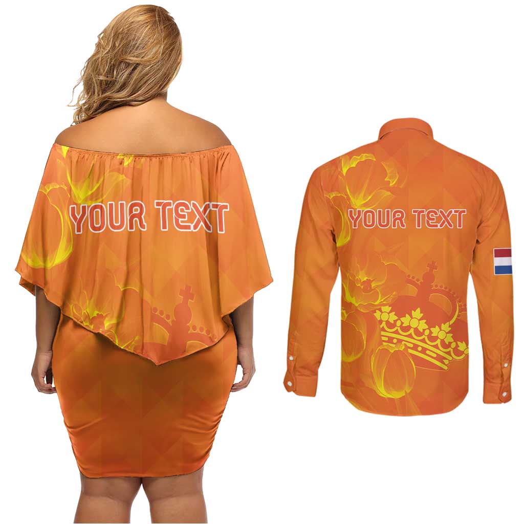 Personalized Netherlands Queen's Day Couples Matching Off Shoulder Short Dress and Long Sleeve Button Shirt Koninginnedag Royal Crown