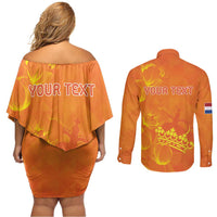 Personalized Netherlands Queen's Day Couples Matching Off Shoulder Short Dress and Long Sleeve Button Shirt Koninginnedag Royal Crown