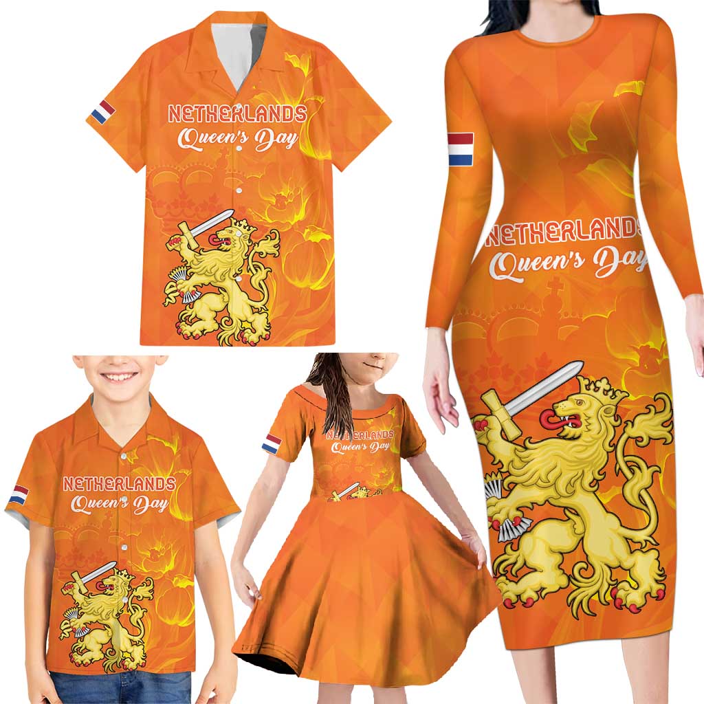 Personalized Netherlands Queen's Day Family Matching Long Sleeve Bodycon Dress and Hawaiian Shirt Koninginnedag Royal Crown