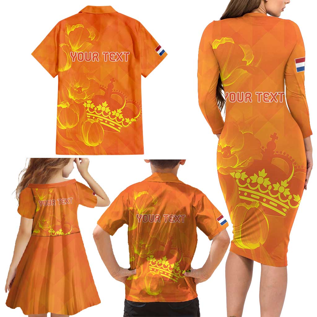 Personalized Netherlands Queen's Day Family Matching Long Sleeve Bodycon Dress and Hawaiian Shirt Koninginnedag Royal Crown