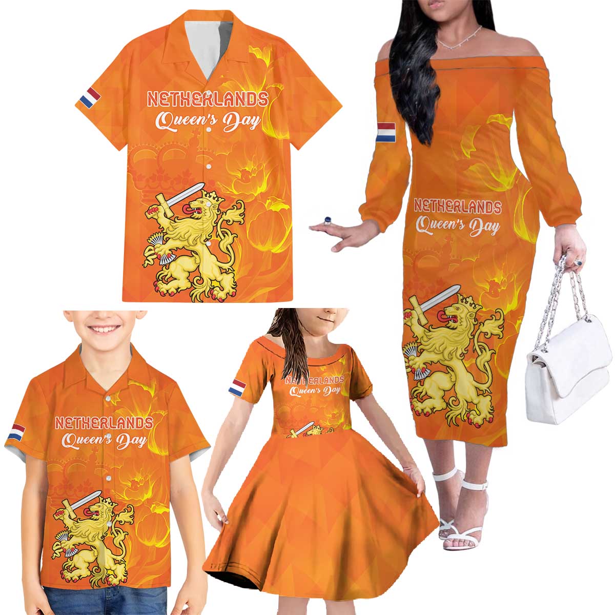 Personalized Netherlands Queen's Day Family Matching Off The Shoulder Long Sleeve Dress and Hawaiian Shirt Koninginnedag Royal Crown