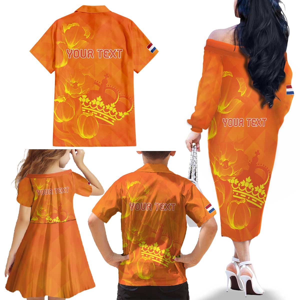 Personalized Netherlands Queen's Day Family Matching Off The Shoulder Long Sleeve Dress and Hawaiian Shirt Koninginnedag Royal Crown