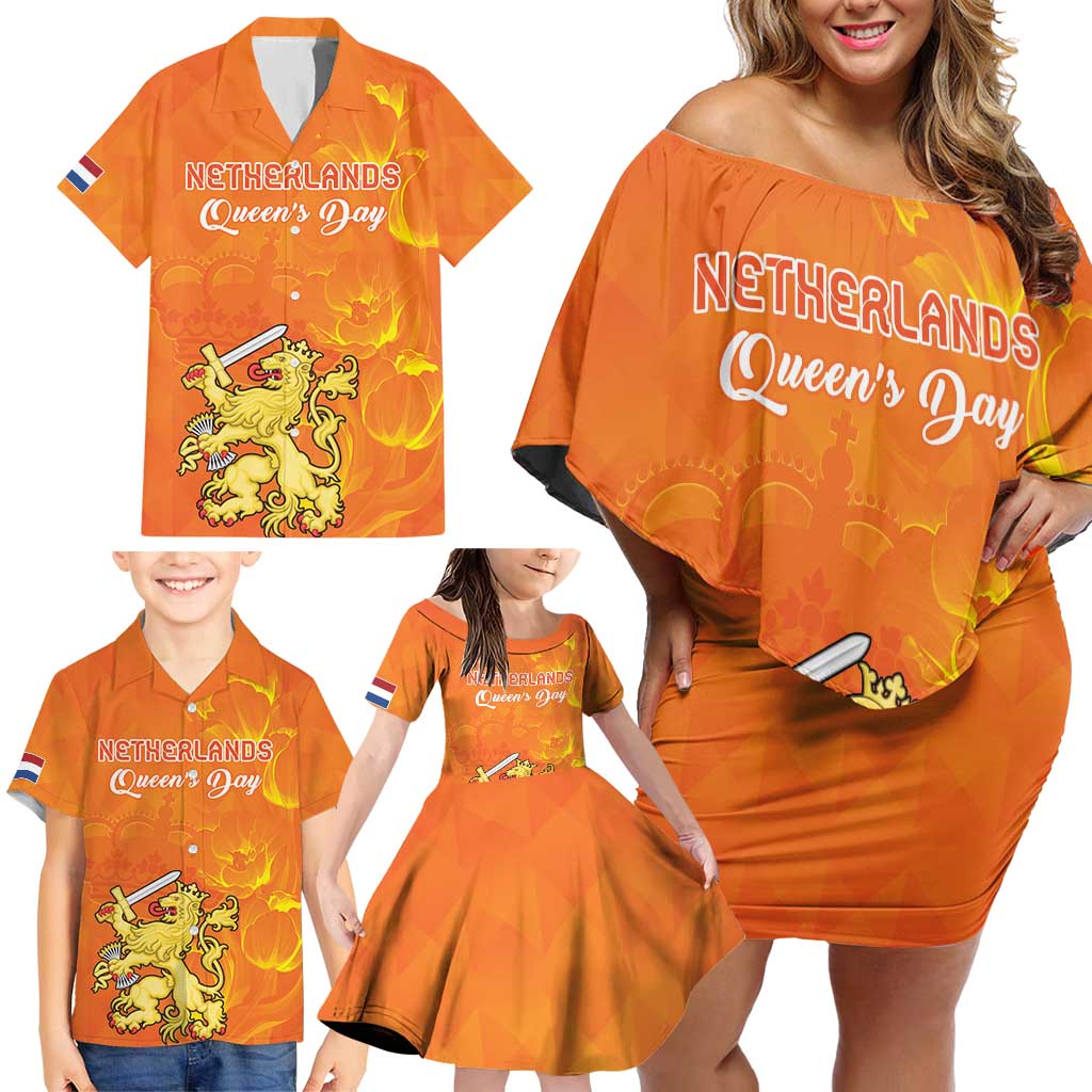 Personalized Netherlands Queen's Day Family Matching Off Shoulder Short Dress and Hawaiian Shirt Koninginnedag Royal Crown