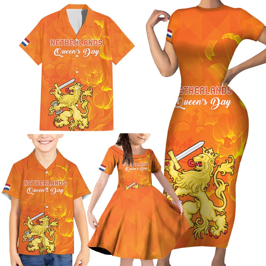 Personalized Netherlands Queen's Day Family Matching Short Sleeve Bodycon Dress and Hawaiian Shirt Koninginnedag Royal Crown