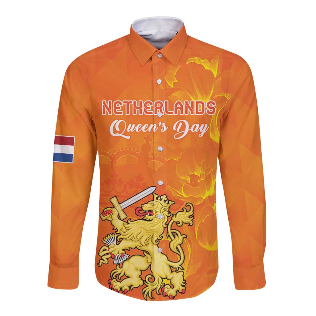 Personalized Netherlands Queen's Day Long Sleeve Button Shirt Koninginnedag Royal Crown