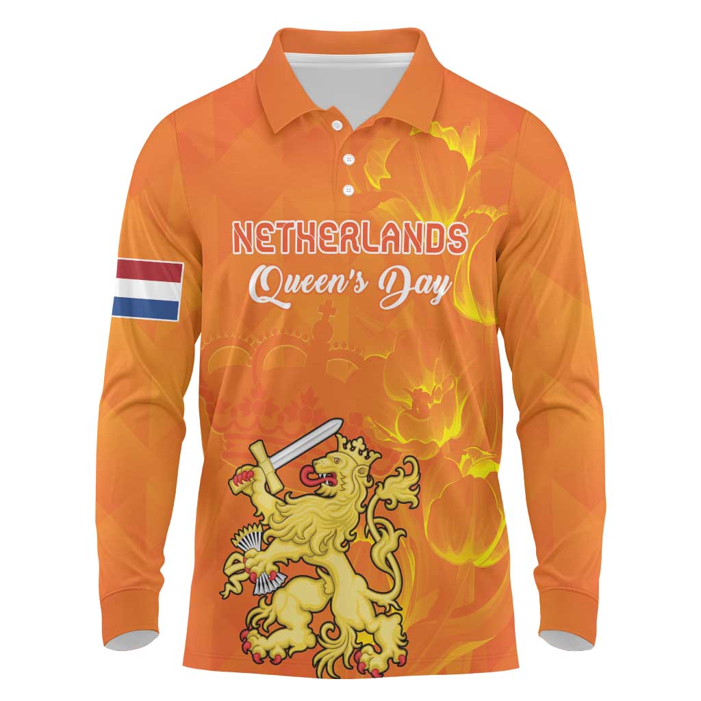 Personalized Netherlands Queen's Day Long Sleeve Polo Shirt Koninginnedag Royal Crown