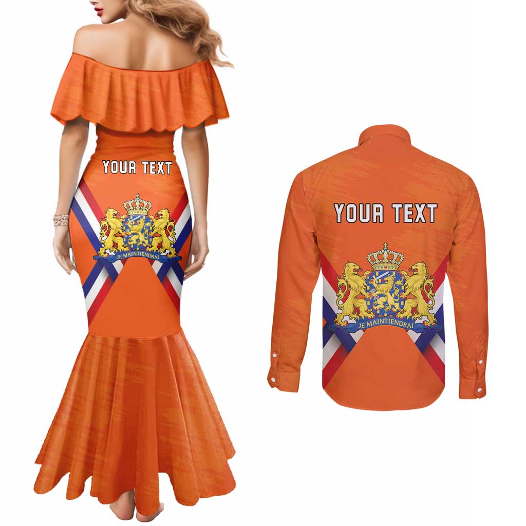 Personalized Netherlands King's Day Couples Matching Mermaid Dress and Long Sleeve Button Shirt Koningsdag Lion King With Crown