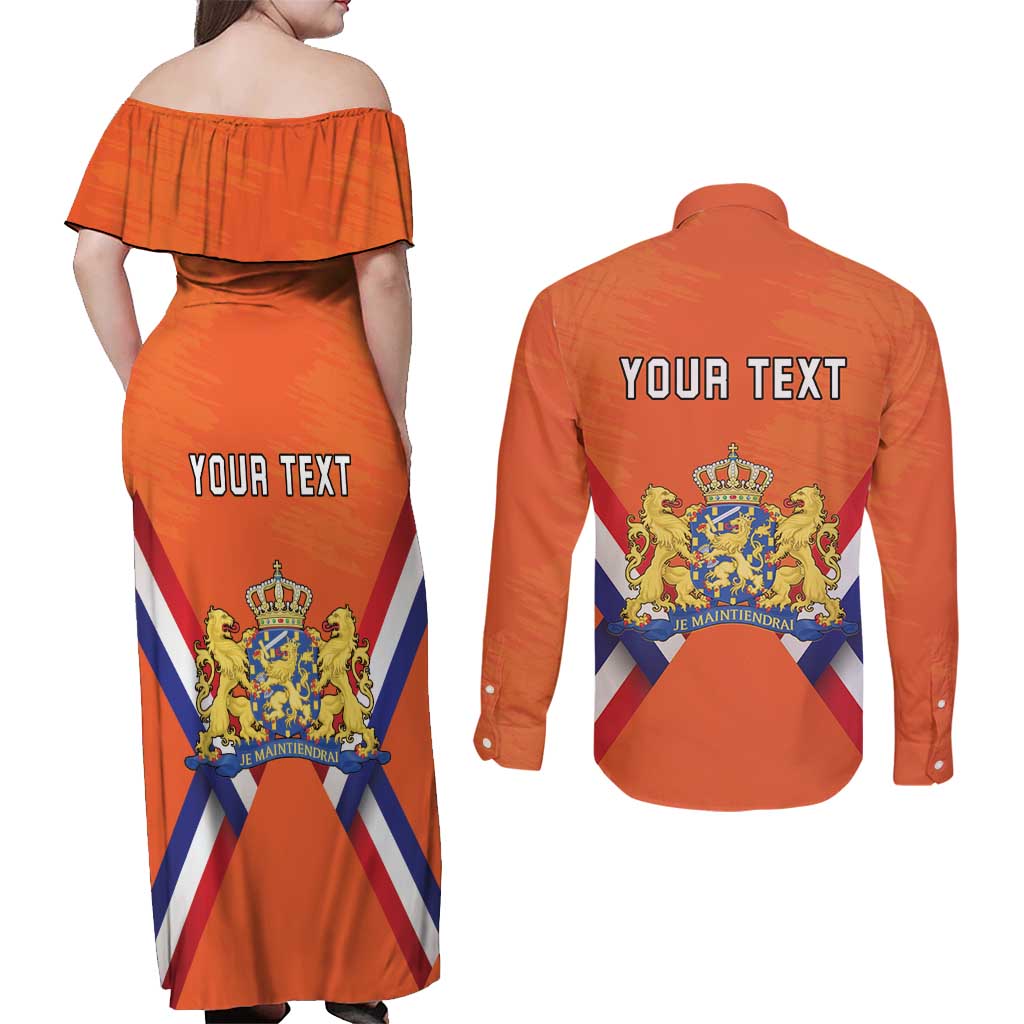 Personalized Netherlands King's Day Couples Matching Off Shoulder Maxi Dress and Long Sleeve Button Shirt Koningsdag Lion King With Crown